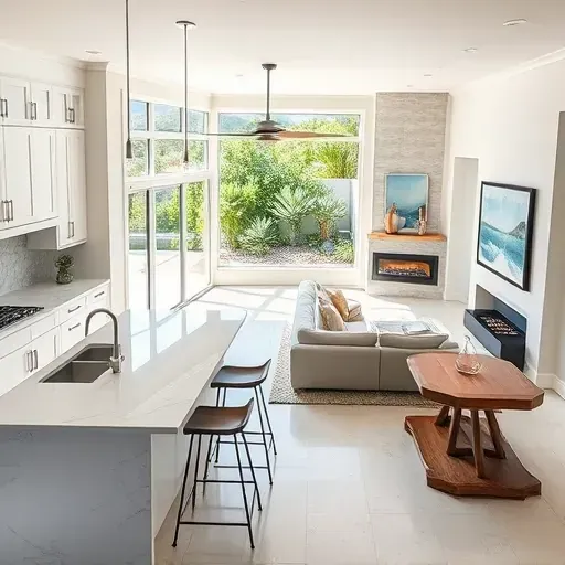 Modern coastal home remodeling in Cardiff-by-the-Sea with sleek kitchen, inviting living room, and sunny outdoor patio.