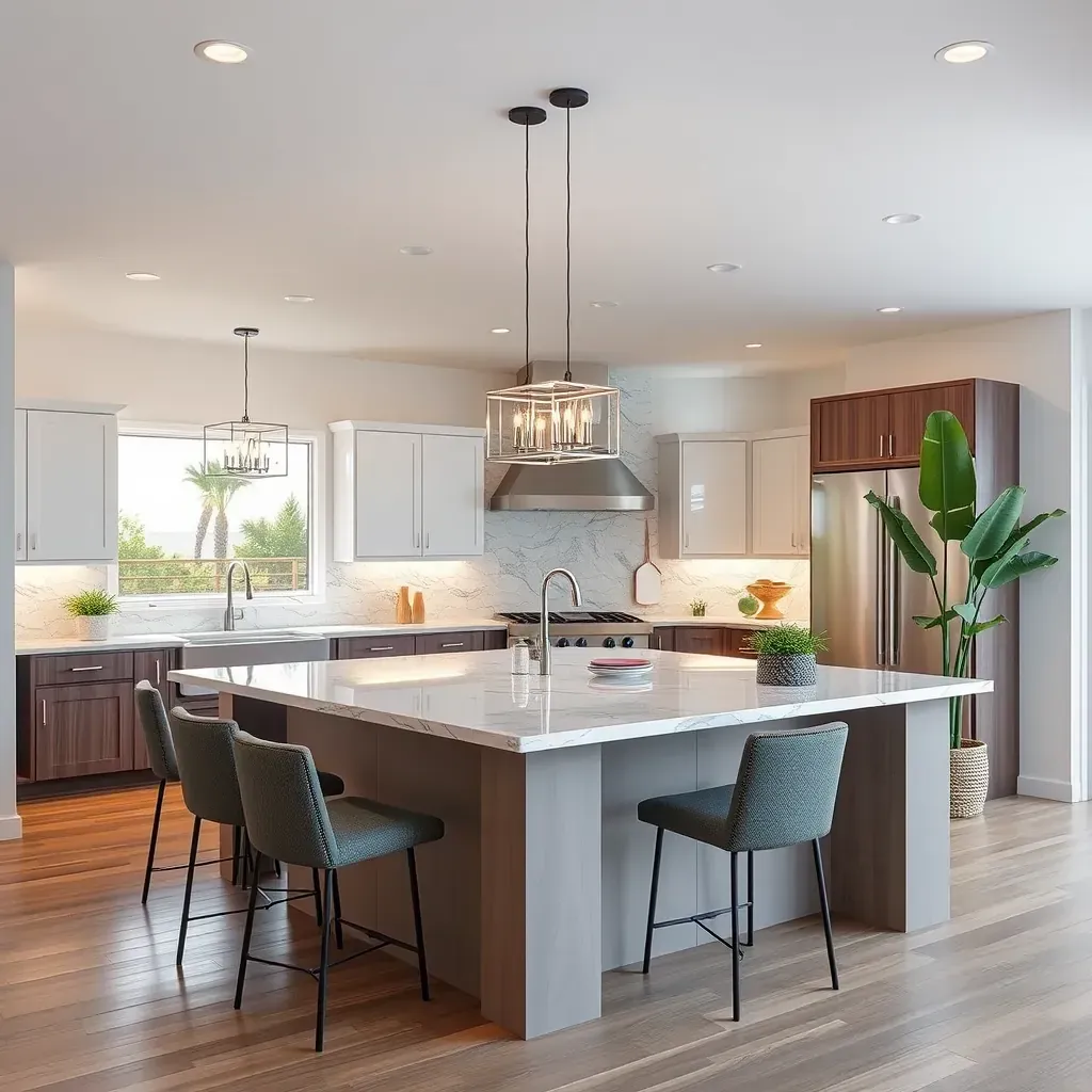 Modern San Diego home exterior with drought-resistant landscaping, renovated porch, outdoor kitchen, and city views.