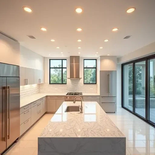 Bright modern kitchen with recessed LED lighting, polished granite countertops, matte cabinets, stainless steel appliances, and natural daylight.