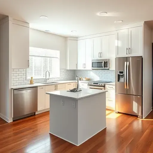 Renovated modern kitchen in University City CA with sleek cabinetry, marble counters, stainless steel appliances, and hardwood floors