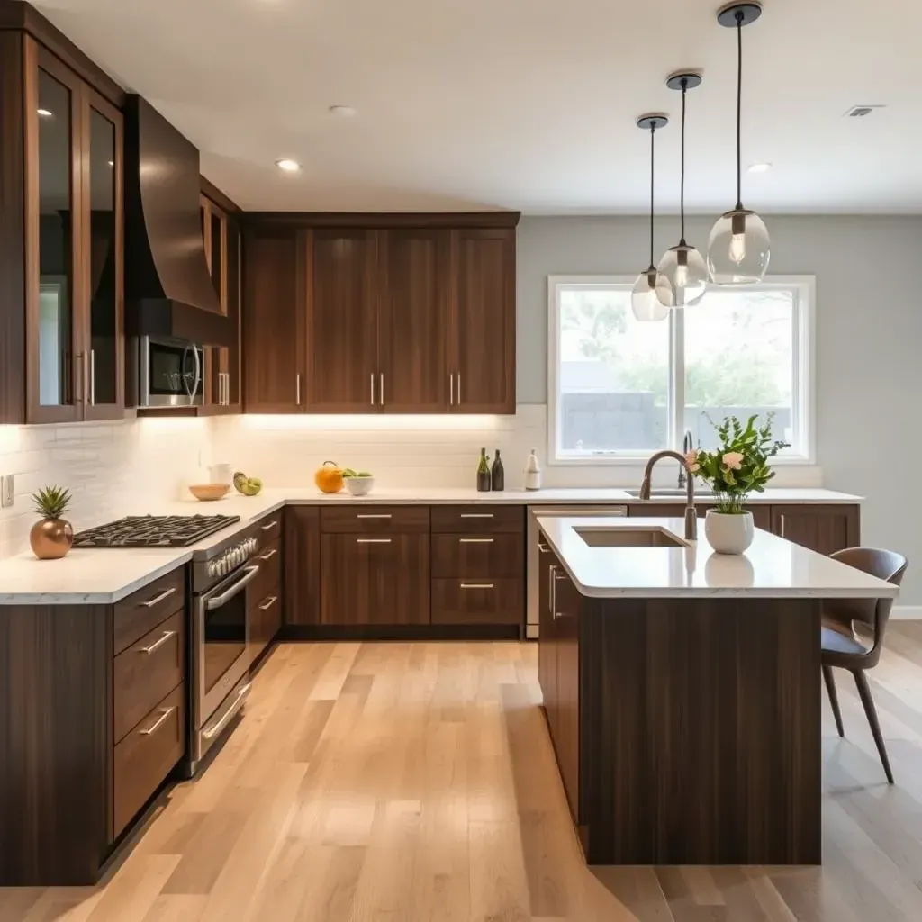 Modern Scripps Ranch kitchen with granite countertops, white cabinets, stainless steel appliances, waterfall island, and lush outdoor views.