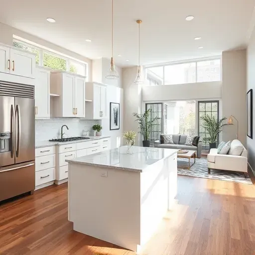 Modern kitchen remodel in Rancho Bernardo with white cabinets, marble island, stainless appliances, and natural lighting.