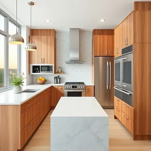Remodeled kitchen in Vista CA with modern cabinetry, stainless steel appliances, marble island, and natural light.