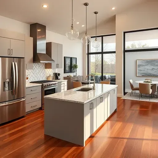 Beautiful remodeled kitchen in Del Dios CA with matte cabinets stainless steel appliances granite countertops natural stone backsplash hardwood floors and ambient lighting