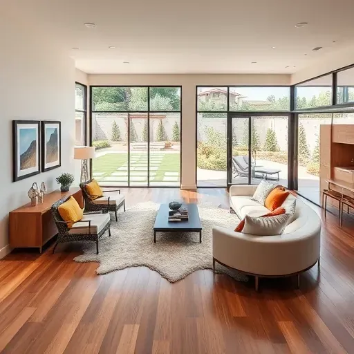 Elegant modern living room in Rancho Santa Fe CA with hardwood floors, large windows, gourmet kitchen, and serene garden view.