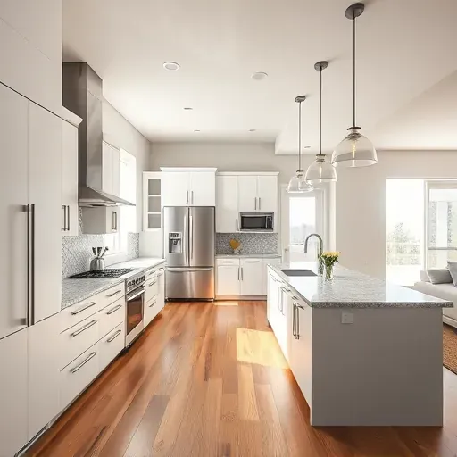 Modern Deer Springs kitchen with sleek cabinetry granite island stainless steel appliances and natural sunlight