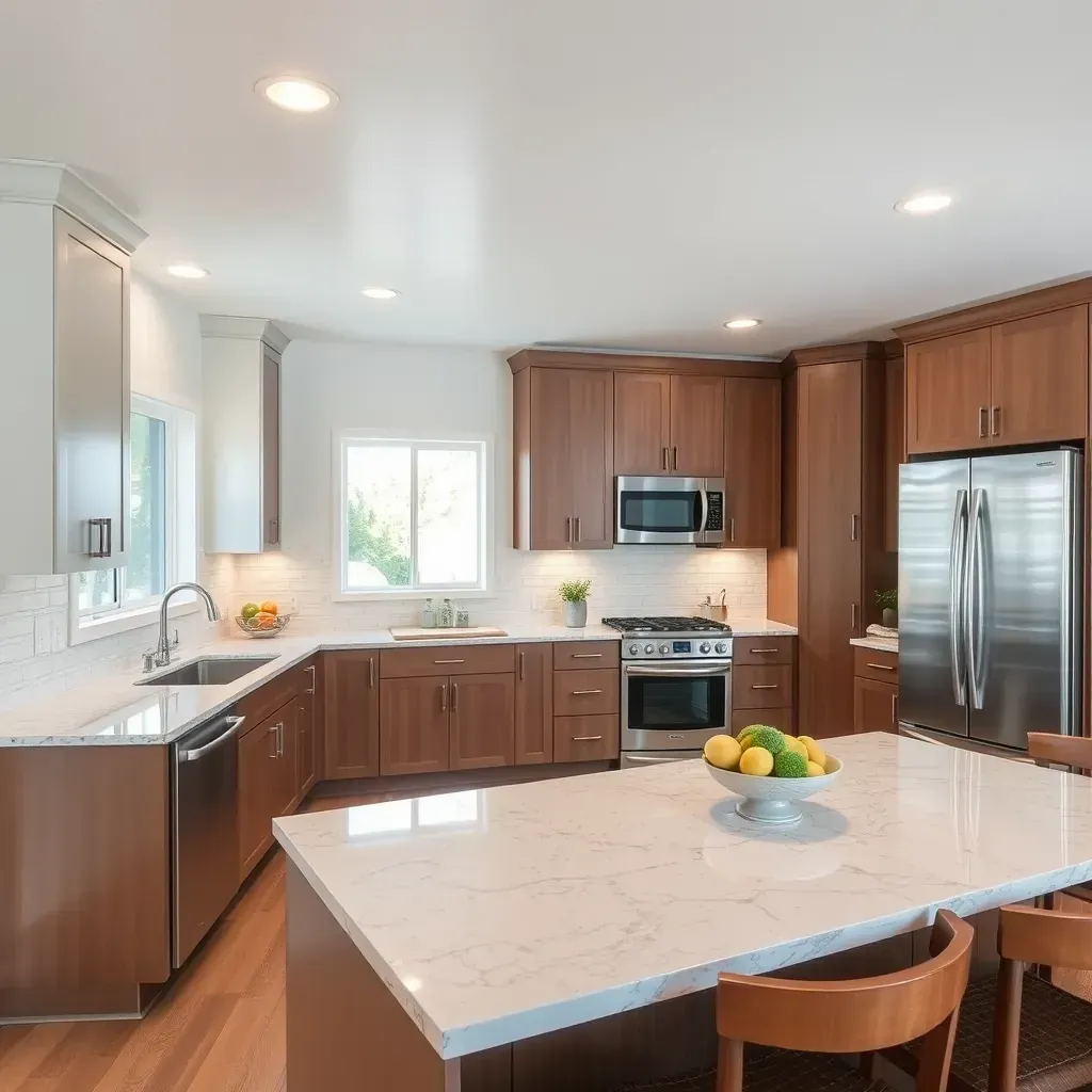 Spacious Poway, CA kitchen with taupe cabinets, quartz countertops, large island, natural light, and high-end appliances.