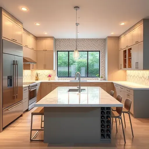 State-of-the-art kitchen remodel in Vista, CA featuring modern cabinetry, stainless steel appliances, and a marble island.