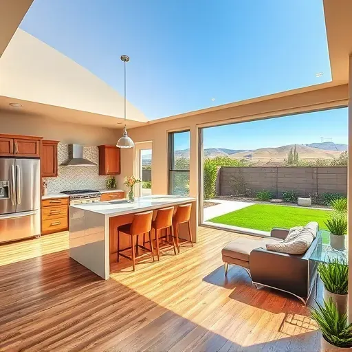 Home remodeling in Fallbrook, CA featuring modern design, large windows, elegant flooring, and a landscaped backyard.