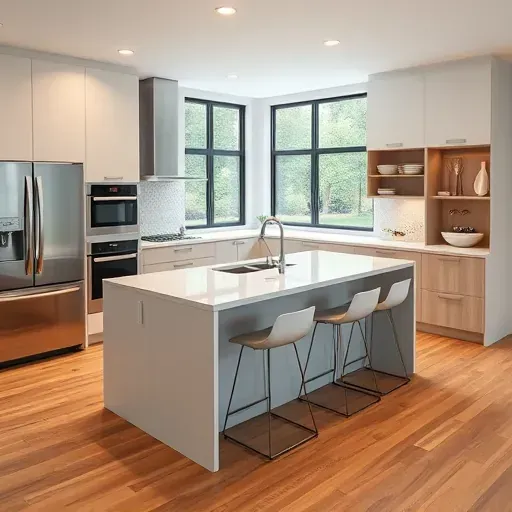 Modern kitchen remodel in Jesmond Dene featuring sleek cabinetry, quartz countertops, and stainless steel appliances.
