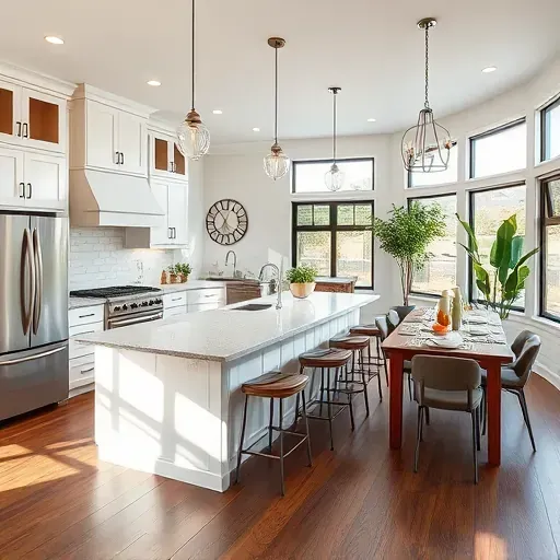 Home remodeling project in Bonsall CA features a modern kitchen with white cabinetry, quartz island, and stainless-steel appliances.