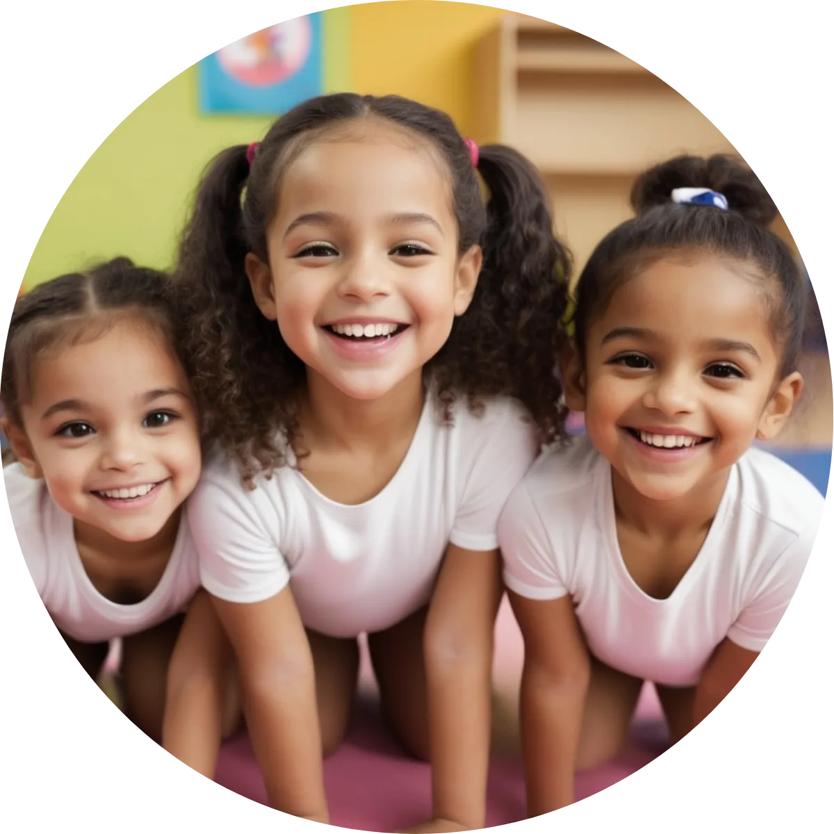 Young girl in a gymnastics class smiling confidently in a bright, welcoming gym environment.