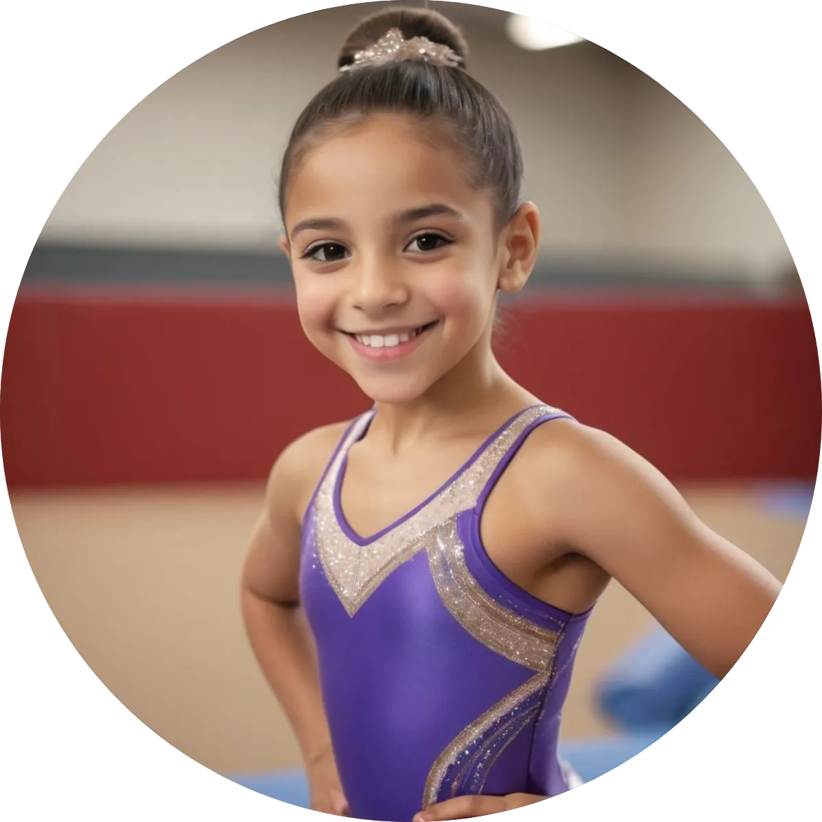 Young gymnast smiling confidently while practicing on the balance beam at Gymnastics Redefined in Irving, TX.