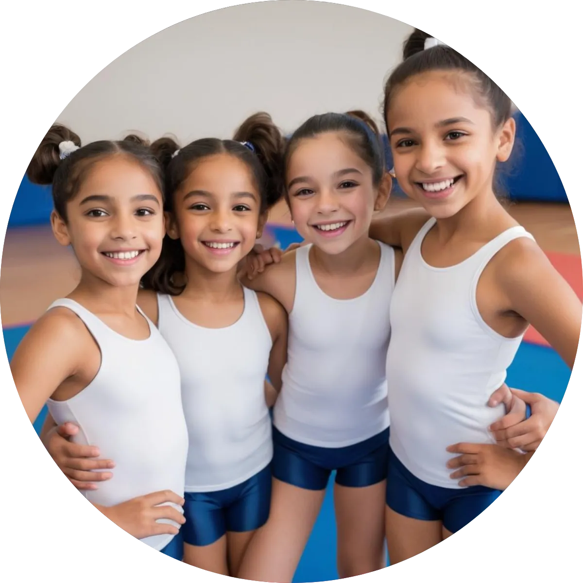 Group of girls in leotards laughing during gymnastics practice.