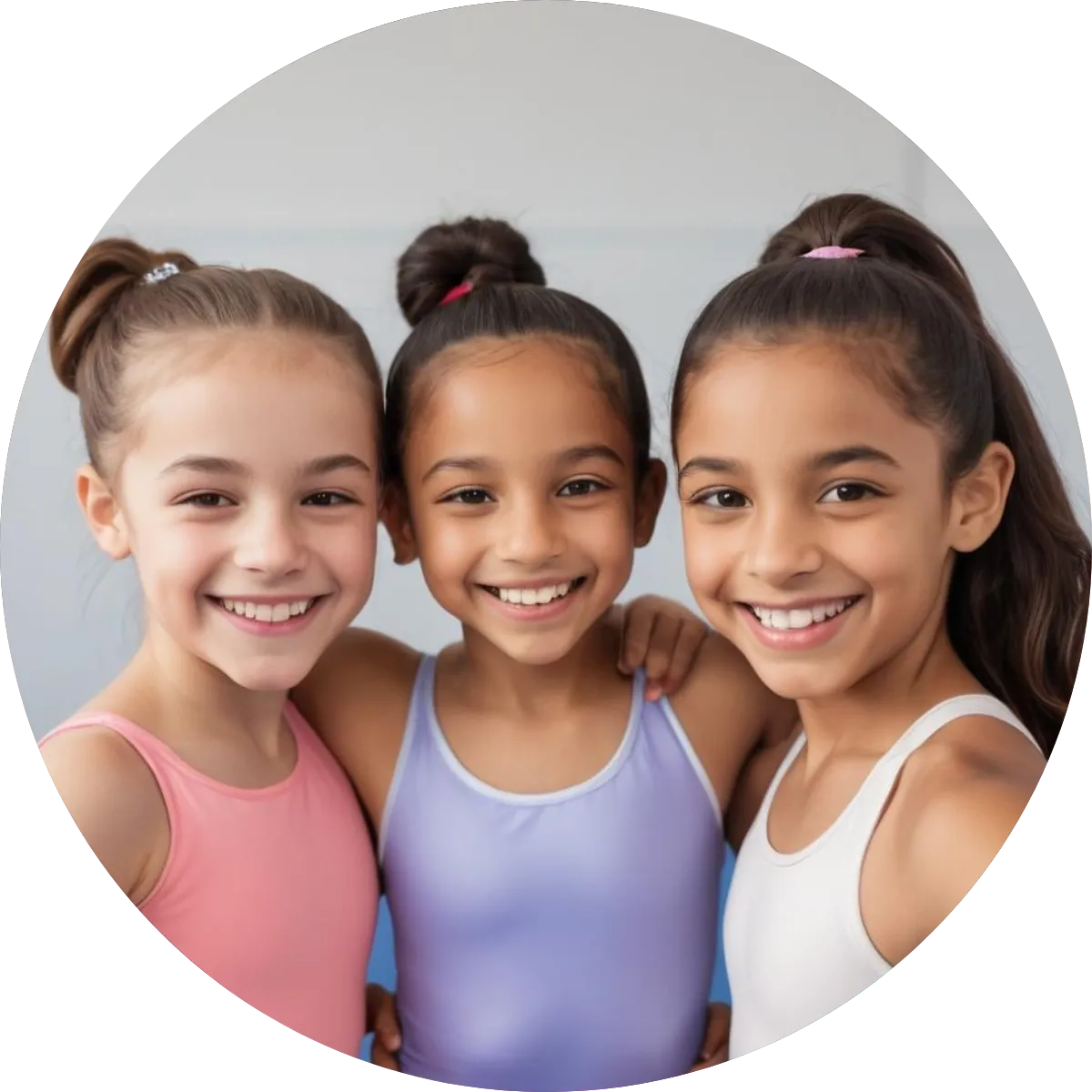 Three young gymnasts smiling after class at Gymnastics Redefined near Las Colinas, building confidence and friendships.