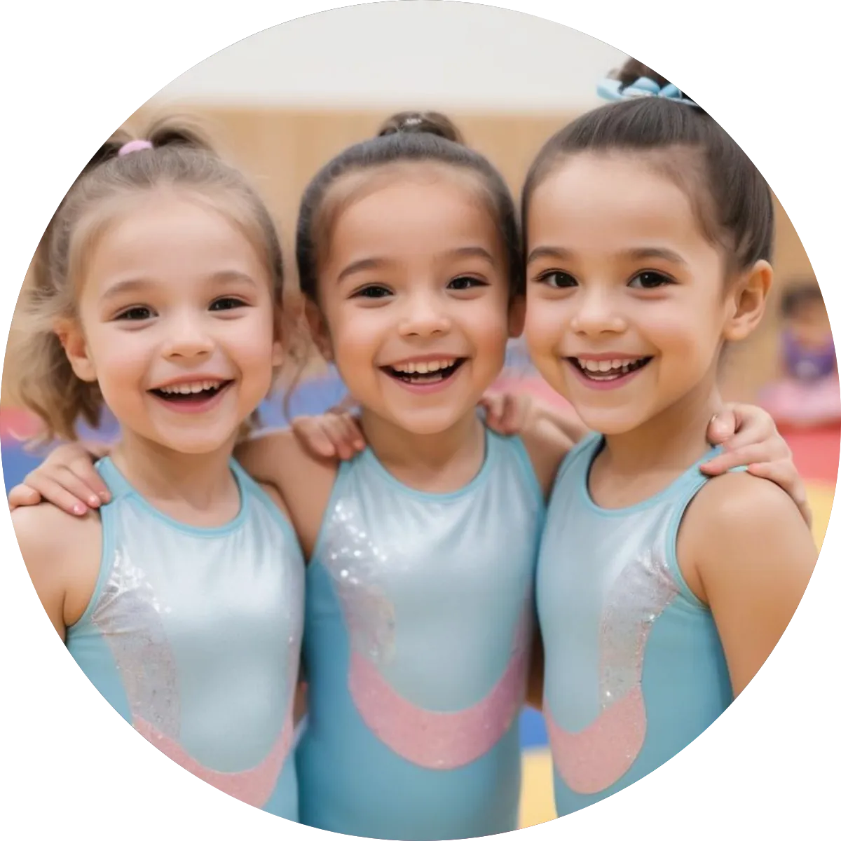 Smiling young girl in a colorful leotard participating in a fun gymnastics class.