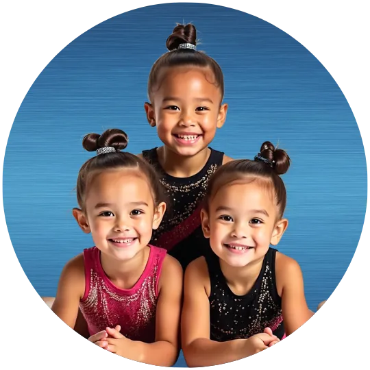 Group of preschoolers smiling while practicing a group gymnastics activity.