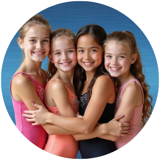 Group of girls smiling while practicing a group gymnastics routine.