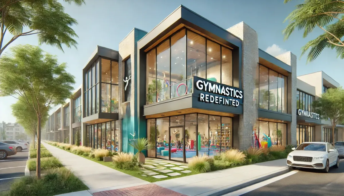 Exterior view of Gymnastics Redefined, featuring a modern building with large glass windows, a welcoming entrance, and a vibrant sign, creating a friendly and professional atmosphere for families.