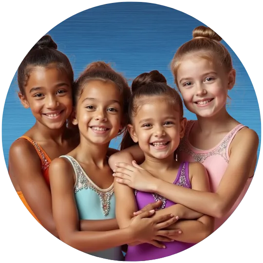 A group of smiling gymnasts laughing together after class, showcasing friendship and community.