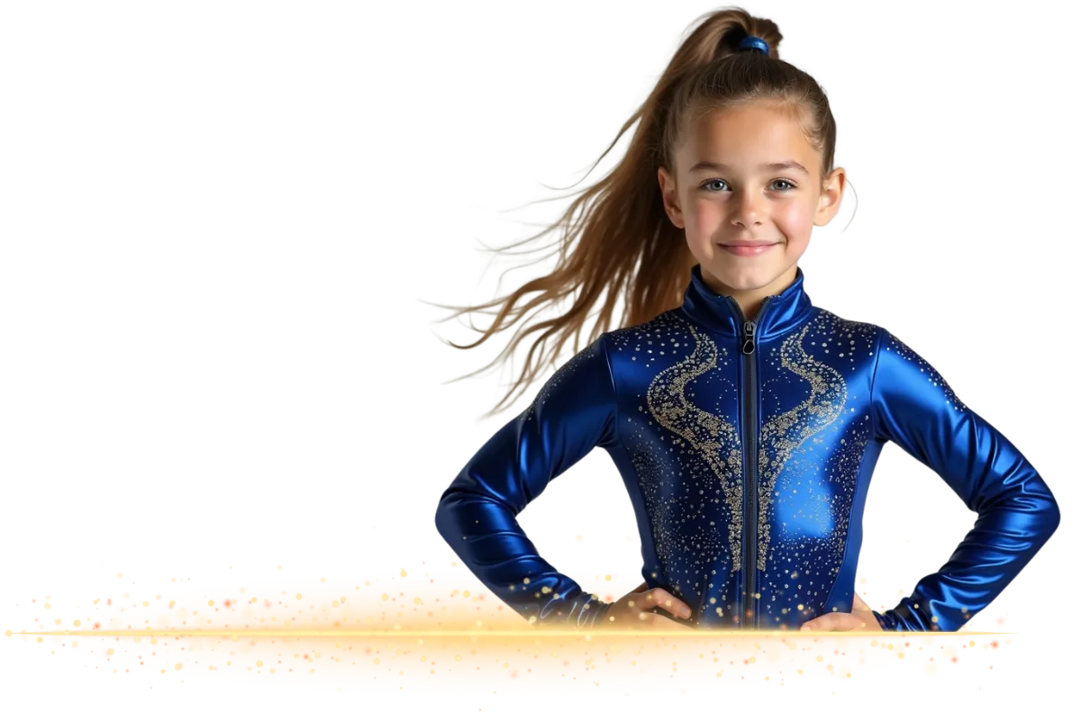 Smiling 7-year-old gymnast mid-cartwheel with friends clapping nearby.