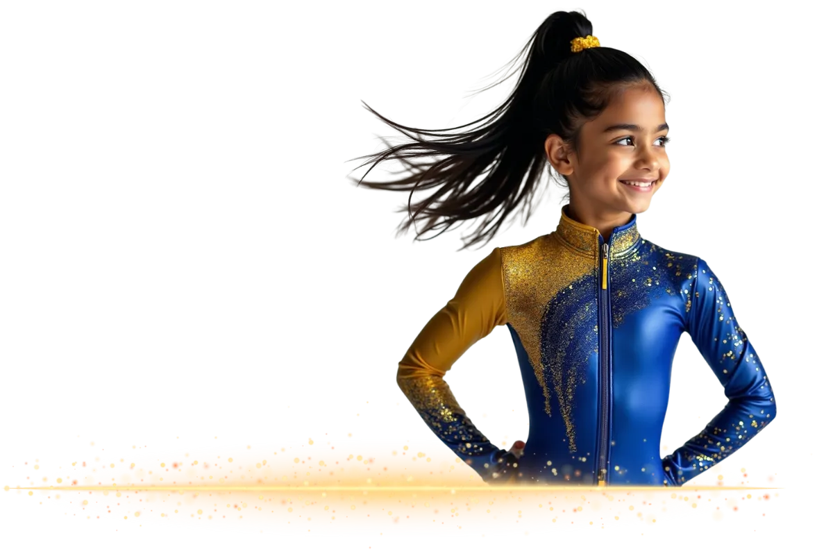Smiling gymnast in a leotard practicing a routine at Gymnastics Redefined in Grand Prairie, TX