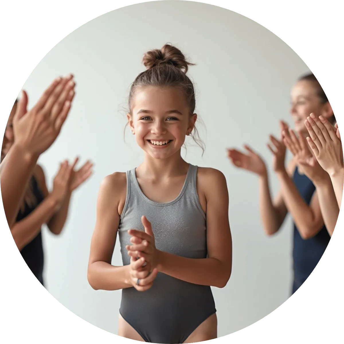 Young gymnast celebrating her progress with supportive teammates.