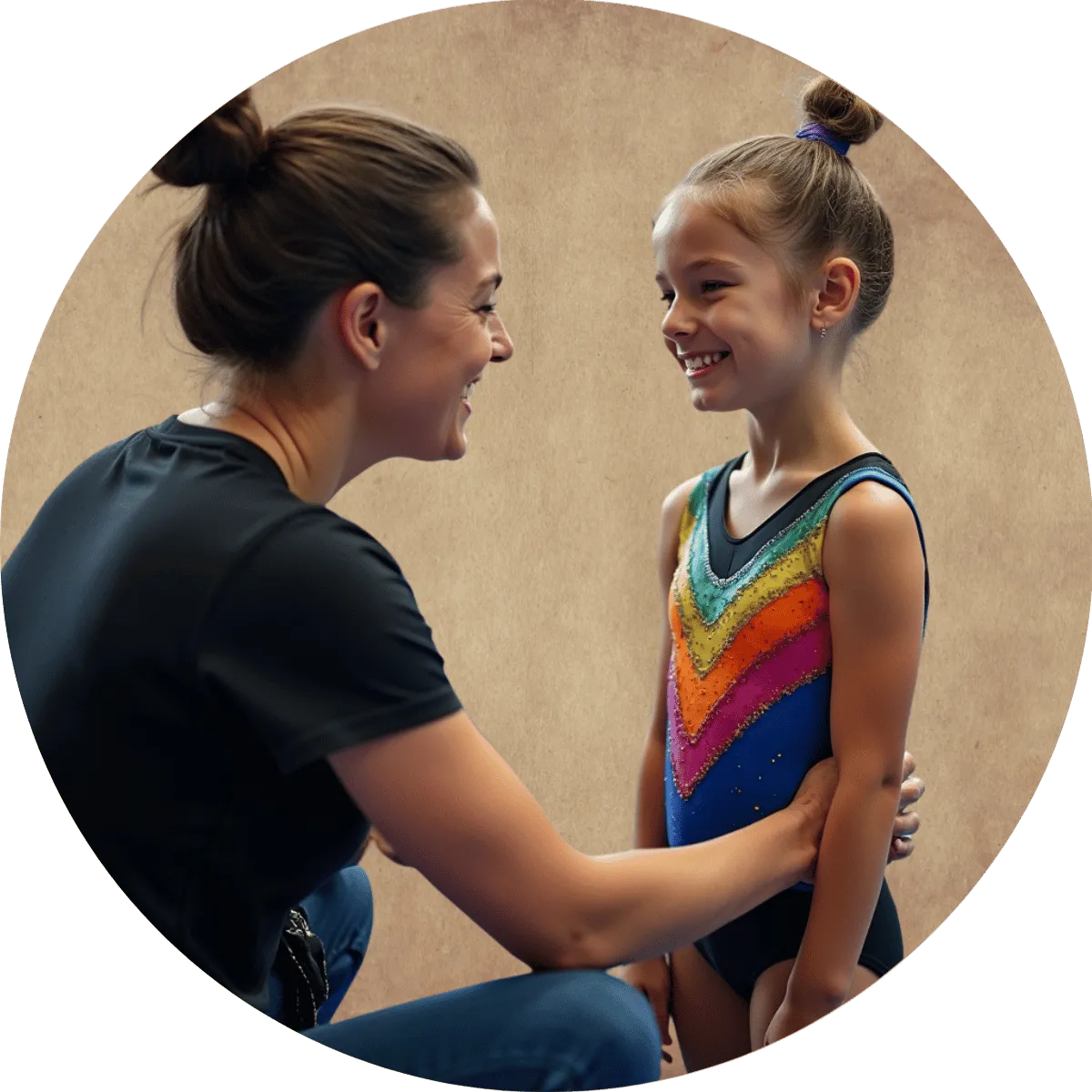 Young gymnast celebrating her progress with supportive teammates.