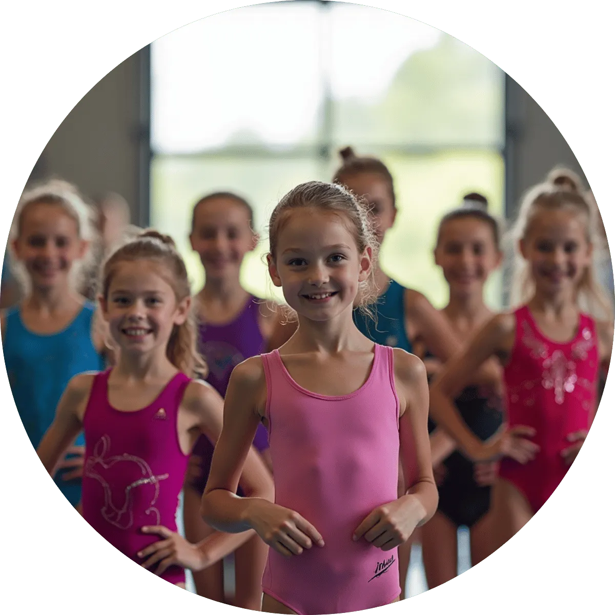 Young gymnast celebrating her progress with supportive teammates.