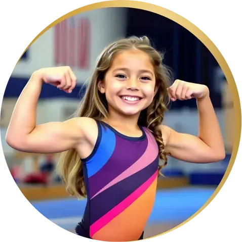 Young girl doing a handstand with a big smile, wearing a navy leotard — symbolizing confidence, strength, and joy.