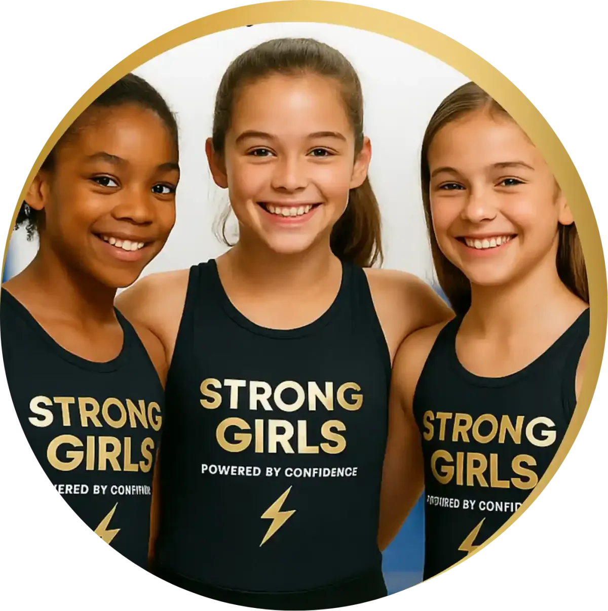 Three confident girls in StrongGirls gymnastics leotards standing close with arms linked, sharing a happy moment at the gym