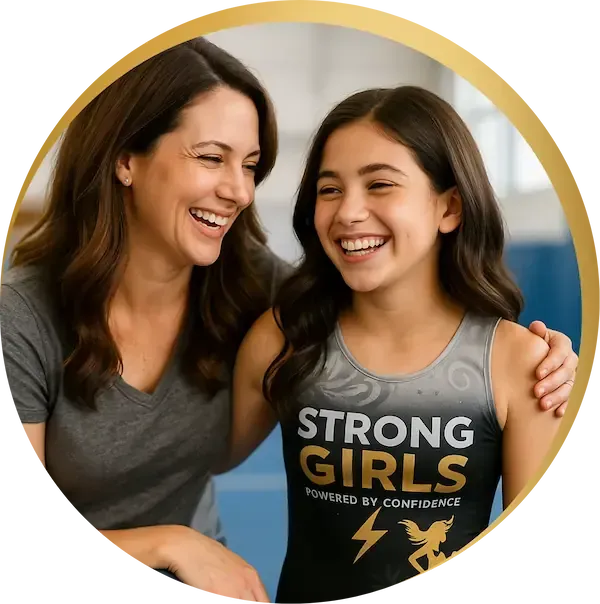 Three confident girls in StrongGirls gymnastics leotards standing close with arms linked, sharing a happy moment at the gym