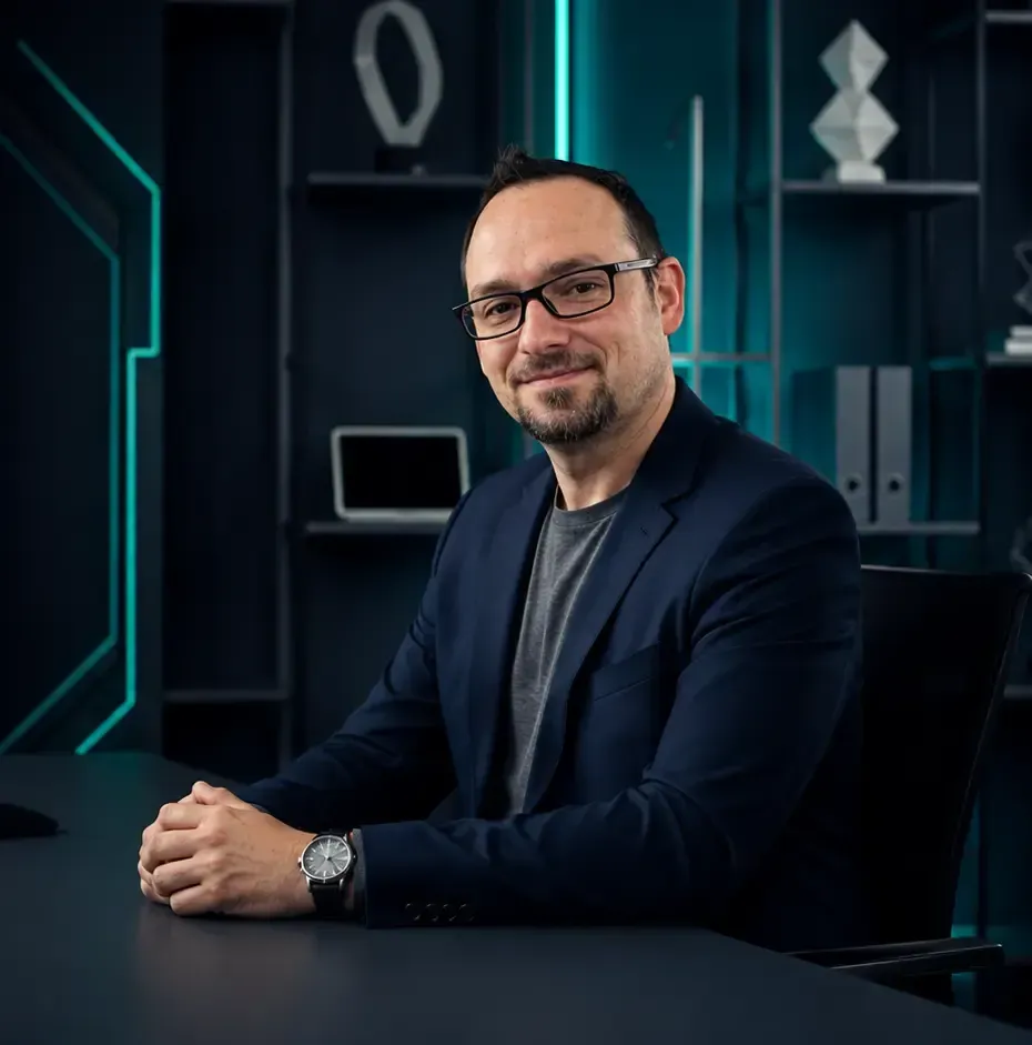 Professional founder portrait in an organized business environment