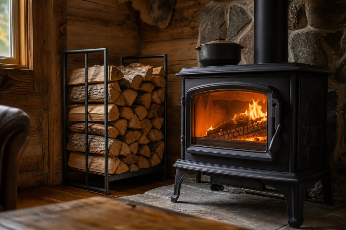 Wood stove and stacked firewood ready for fall in the Kern River Valley
