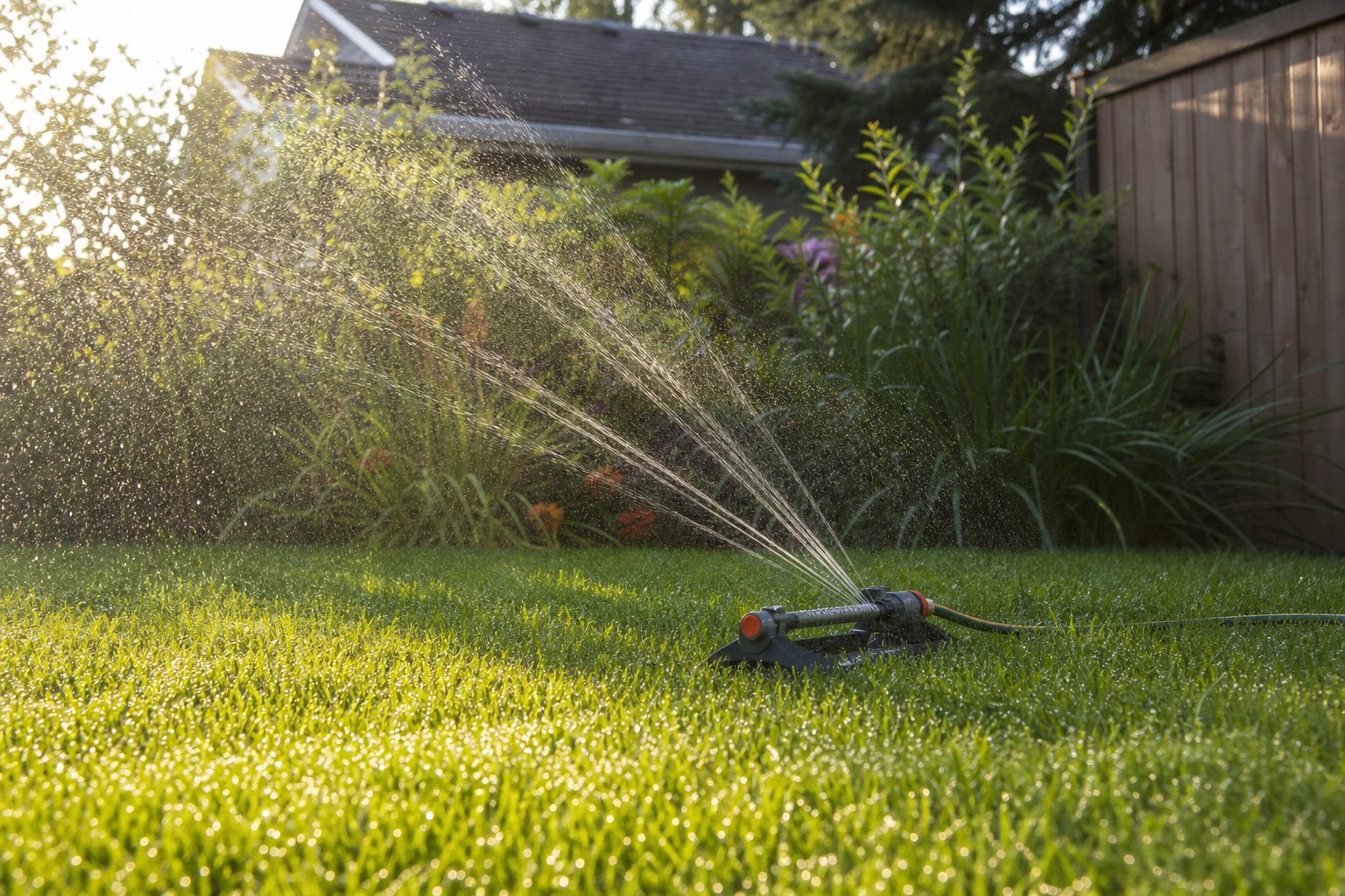 Sprinkler watering a lawn in Eugene during late summer