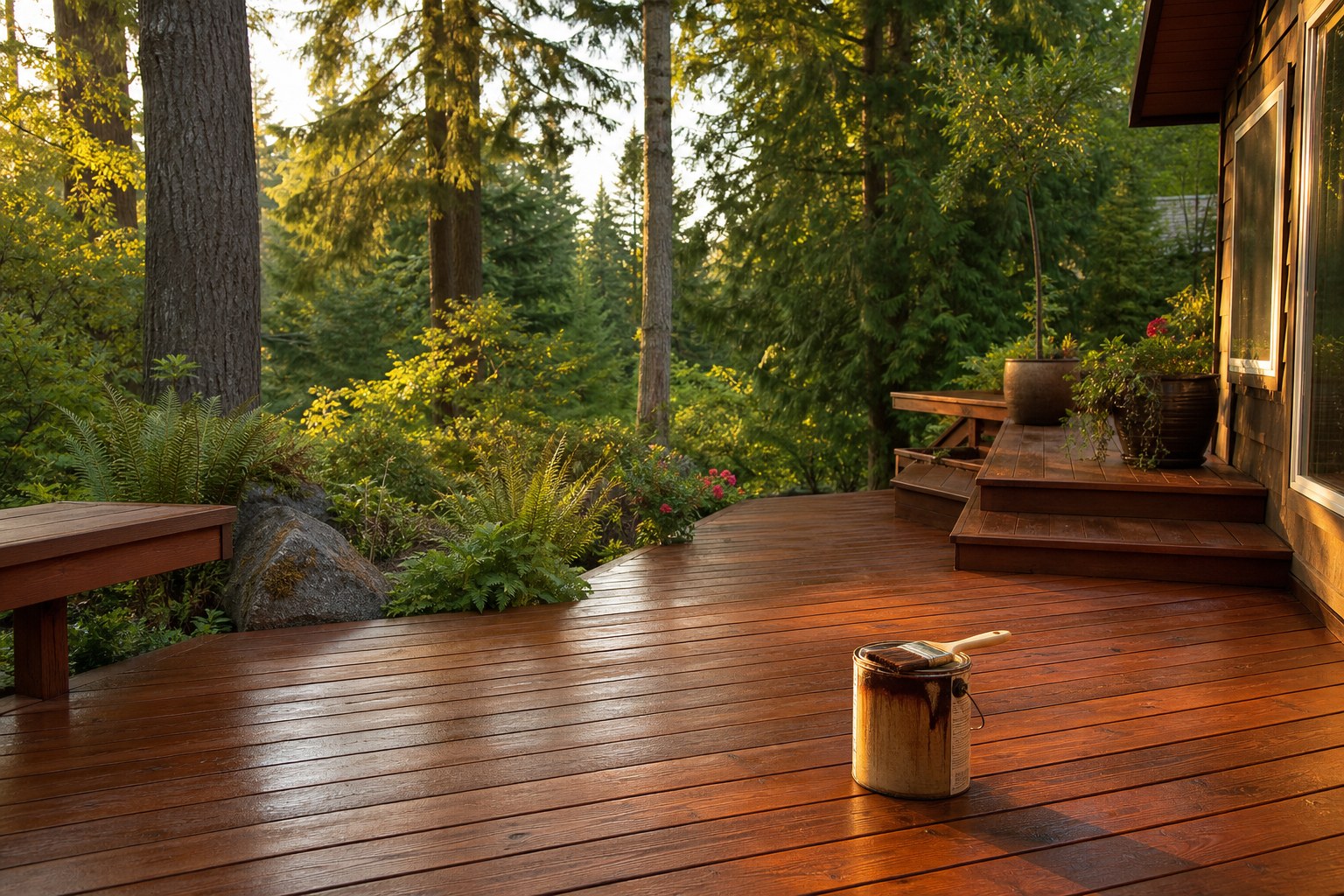Freshly stained backyard deck in Eugene, Oregon