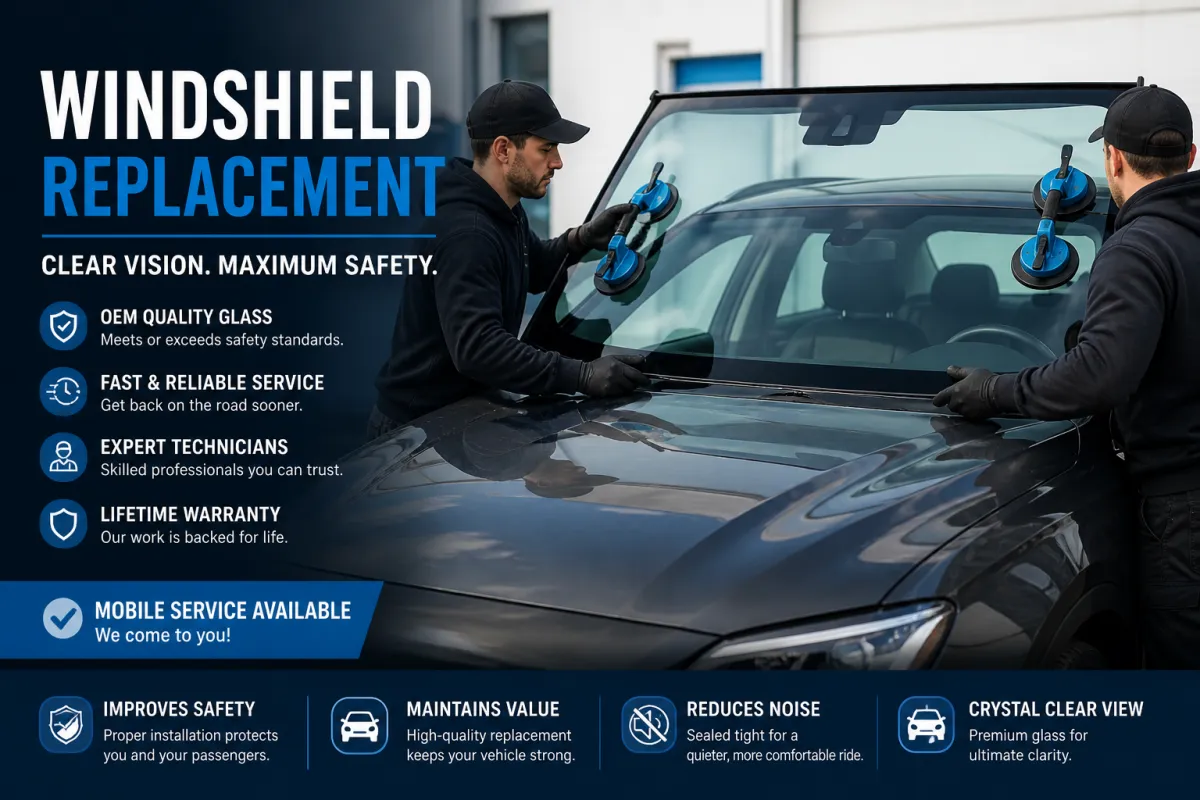 Technicians performing windshield replacement using suction tools on vehicle in Seattle WA for safe and professional auto glass installation