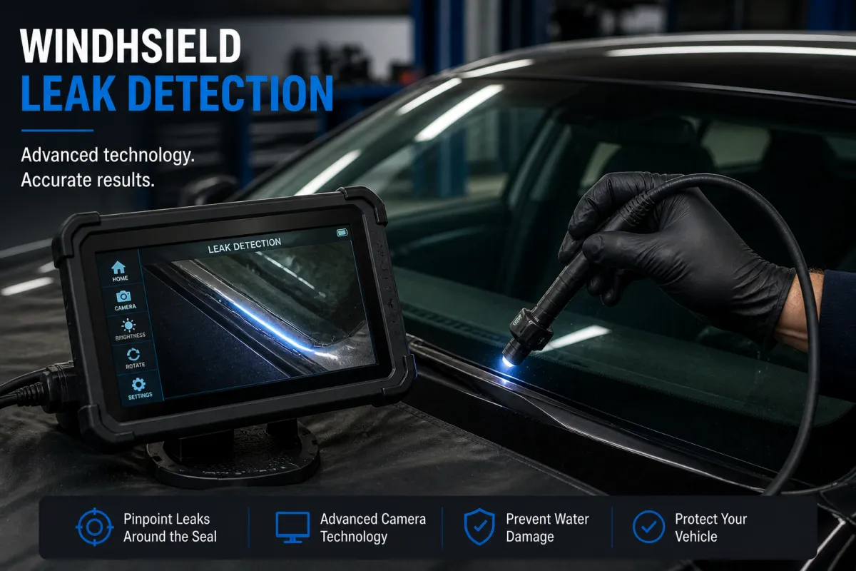 Technician using leak detection monitor and probe to inspect windshield seal for water leaks in Seattle WA