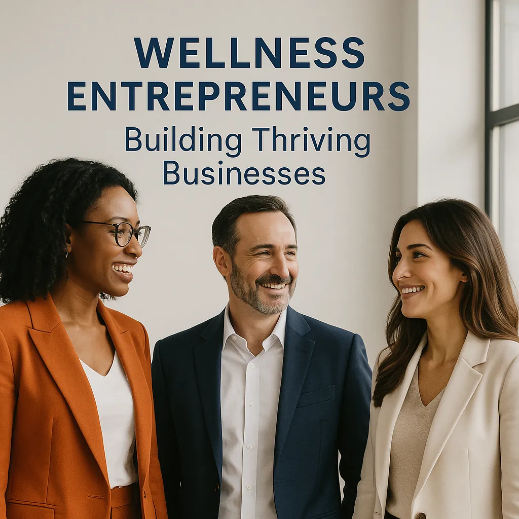 Three wellness entrepreneurs collaborating in a modern studio with a laptop and product mockups, bright natural light.