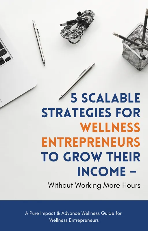 Ebook mockup titled '5 Scalable Strategies for Wellness Entrepreneurs' on a soft background