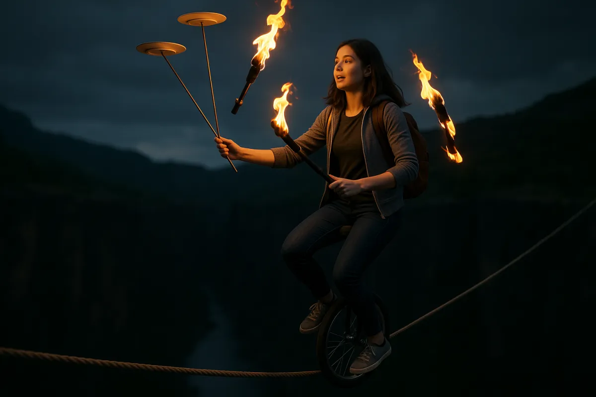 A tech start up founder juggling and balancing many tasks