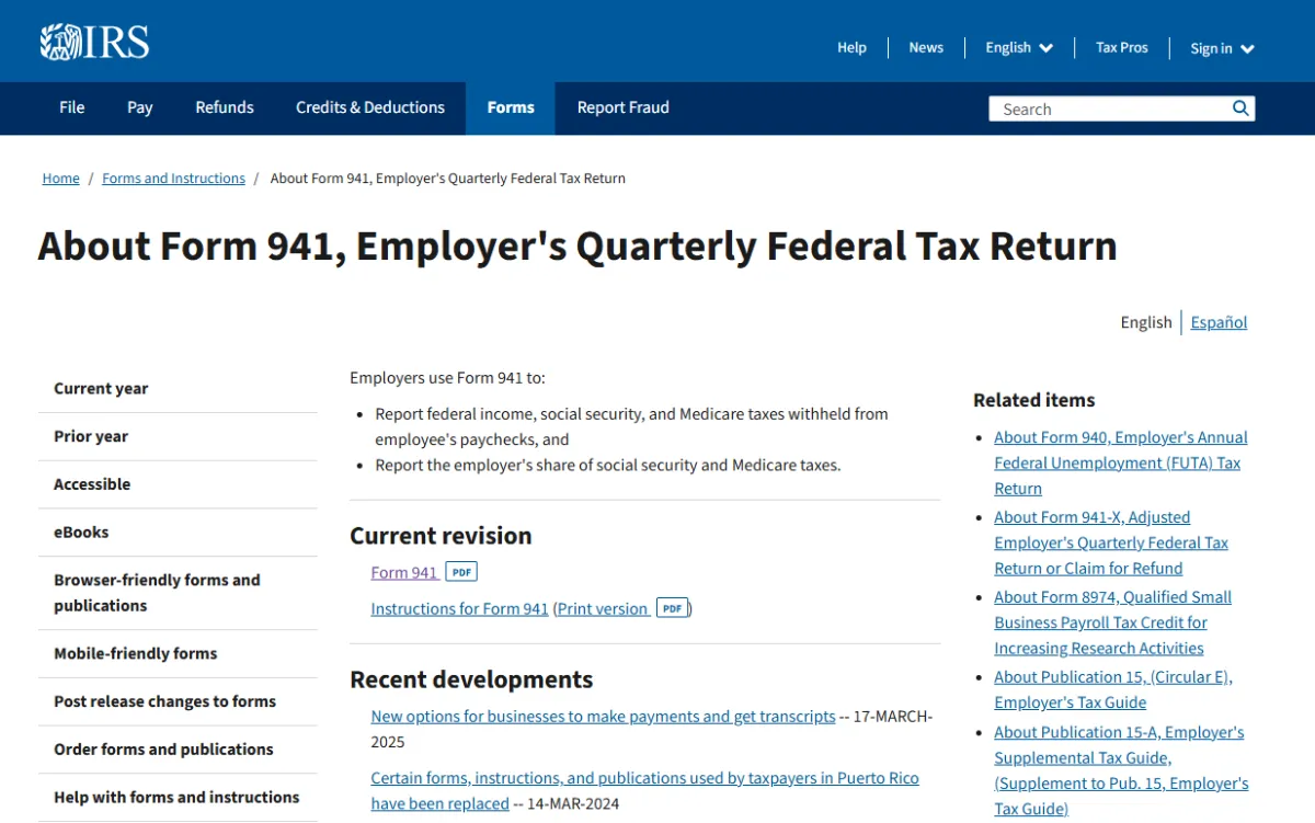 Image of the IRS 941 tax website