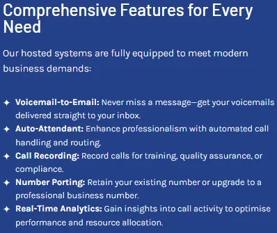 Features of hosted phone systems for telecommunications Bristol, including call routing, analytics, and voicemail.