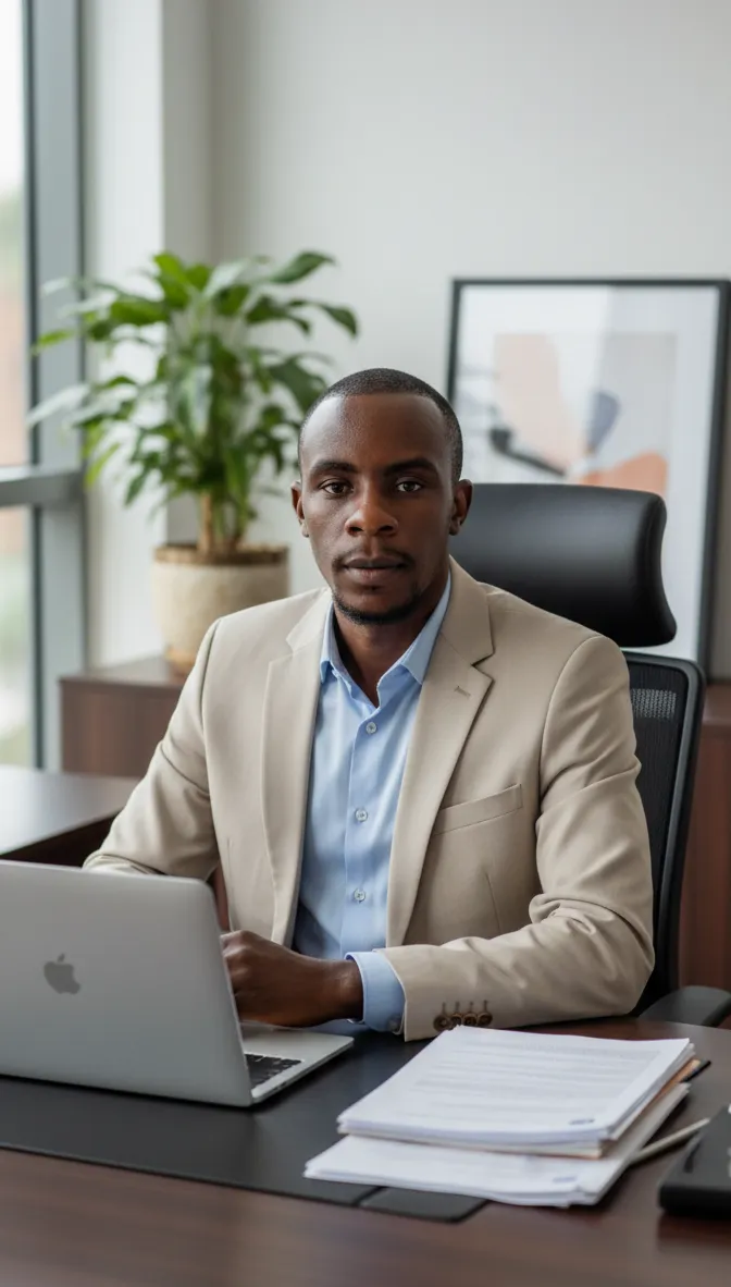Professional portrait of Boniface Gitau seated at a modern tech workspace, wearing a blazer and glasses.