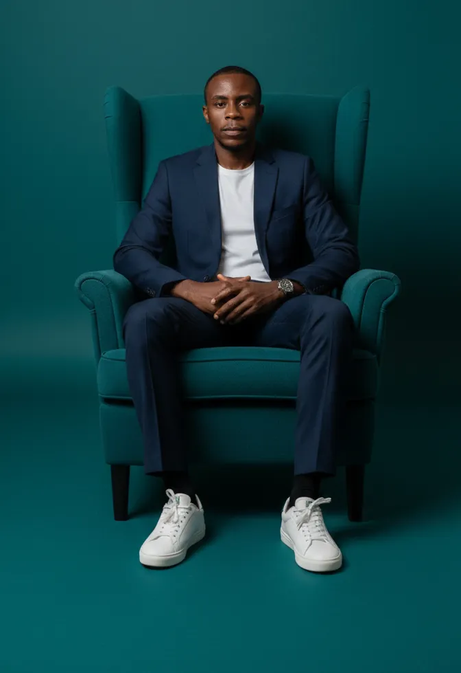 Portrait of Boniface Gitau, cyber analyst and entrepreneur, in a modern office with laptop and network visuals.