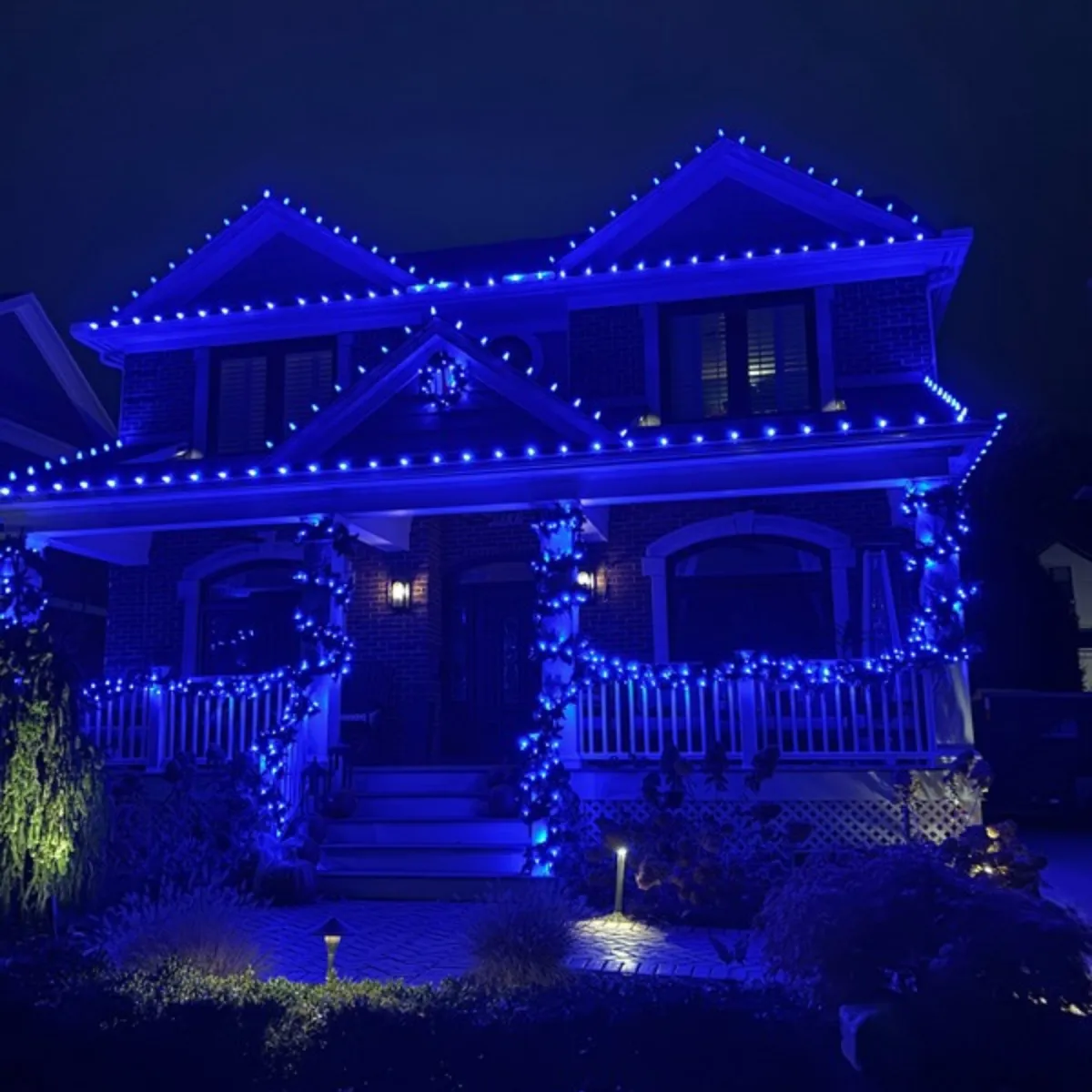 Full property Christmas light display with roofline, tree wrap and landscape lighting in Sterling Heights, MI
