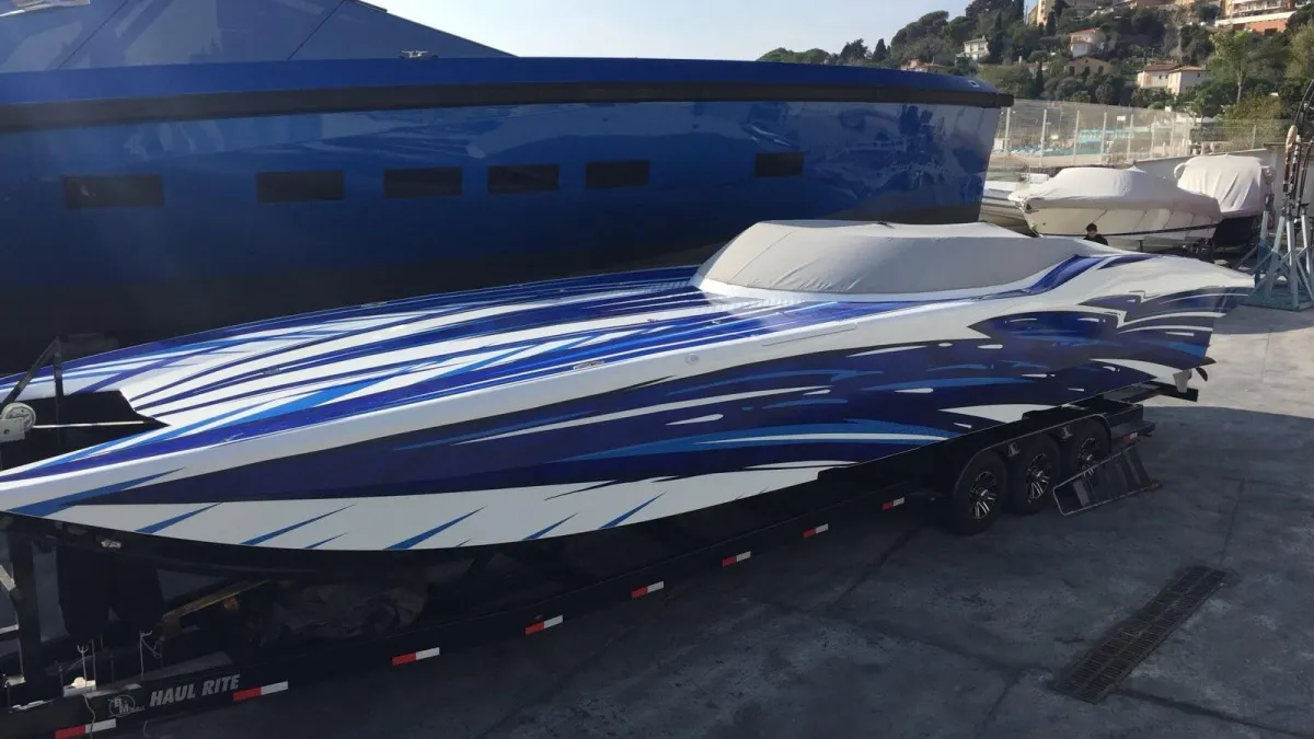 Luxury yacht with customized exterior and interior wraps by WeWrap, providing high-quality finishes and protection. Find expert yacht wrapping services near me.