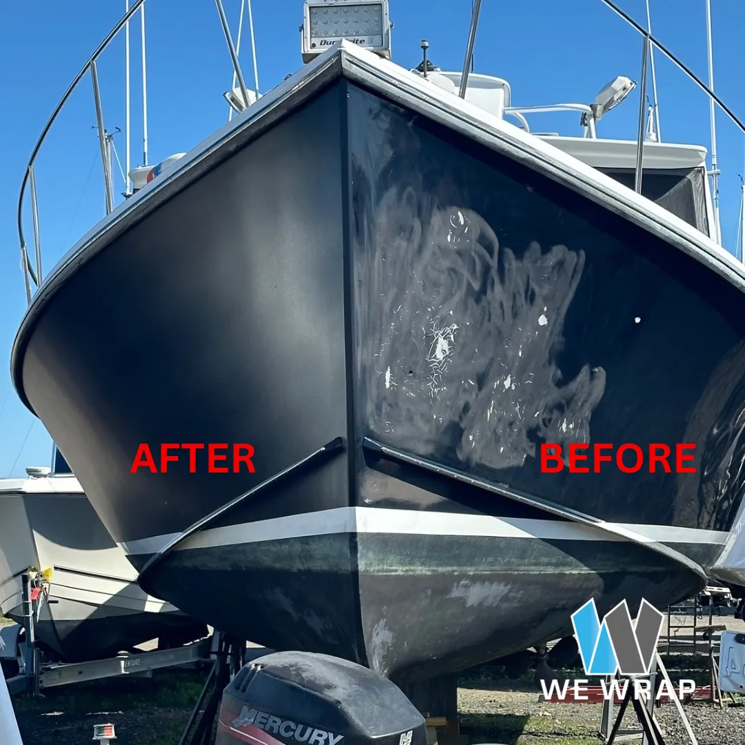 Luxury yacht with customized exterior and interior wraps by WeWrap, providing high-quality finishes and protection. Find expert yacht wrapping services near me."