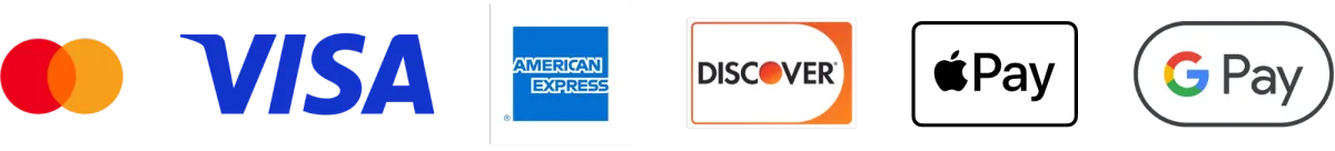 logos for available payment methods: MasterCard, Visa, AmericanExpress, Discover, Apple Pay, Google Pay