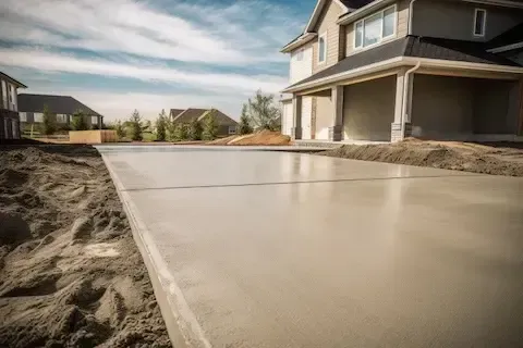 Newly poured concrete driveway curing in front of a modern two-story home